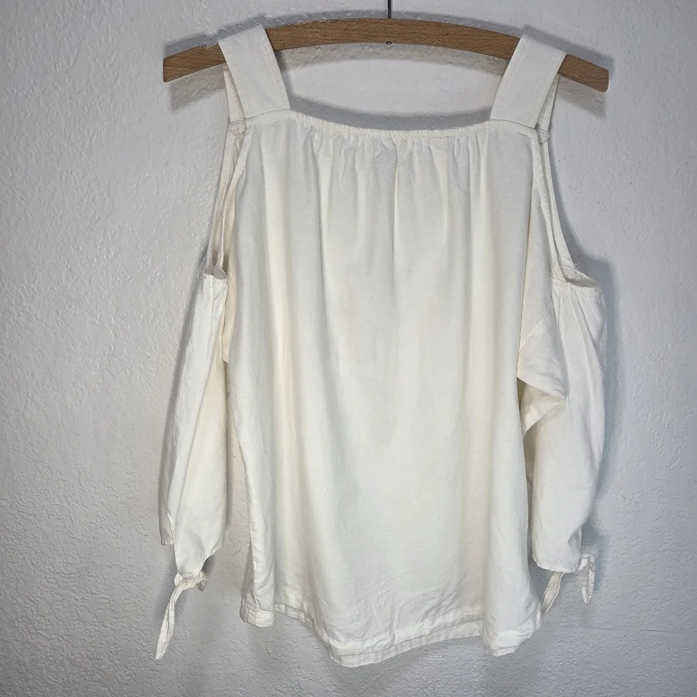 Madewell Top Blouse XS Women's Indigo Cold Shoulder 3/4 Sleeve White 100% Cotton - Picture 1 of 15